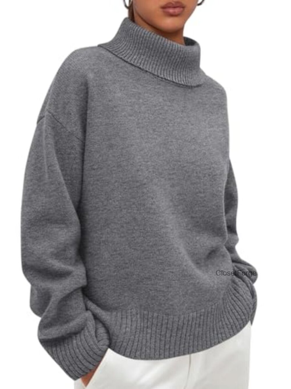 Turtleneck Long Sleeve Chunky Knit Pullover Sweater Loose Fit